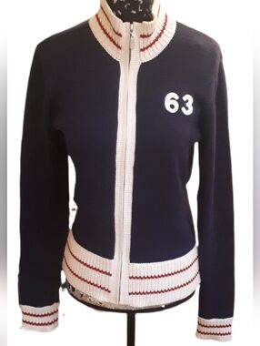 Vintage Ben Sherman Navy Zip-Up Sweater Jacket with White & Red Trim
